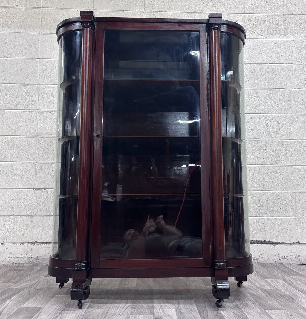 Antique Empire Revival Mahogany and Glass Curved Display Cabinet