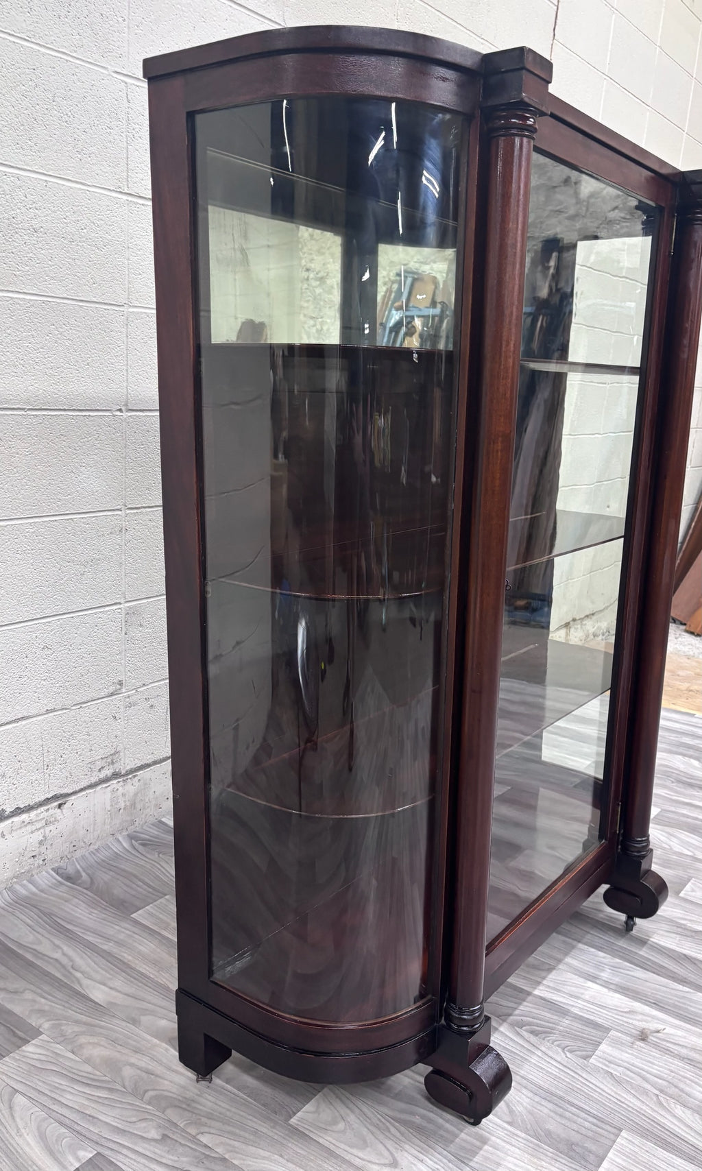 Antique Empire Revival Mahogany and Glass Curved Display Cabinet
