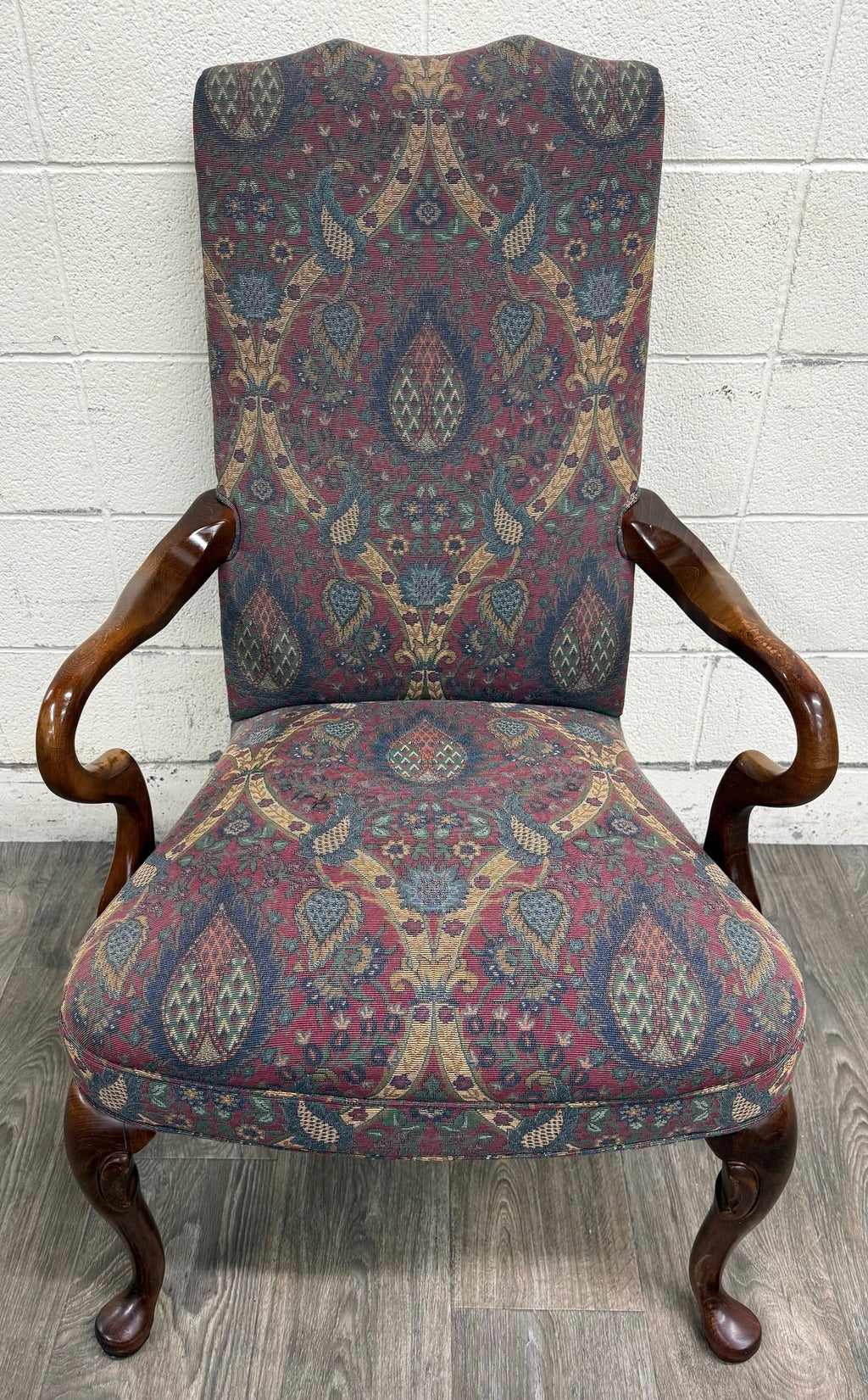 Vintage Queen Anne Style Gooseneck Arm Mahogany Library Chair