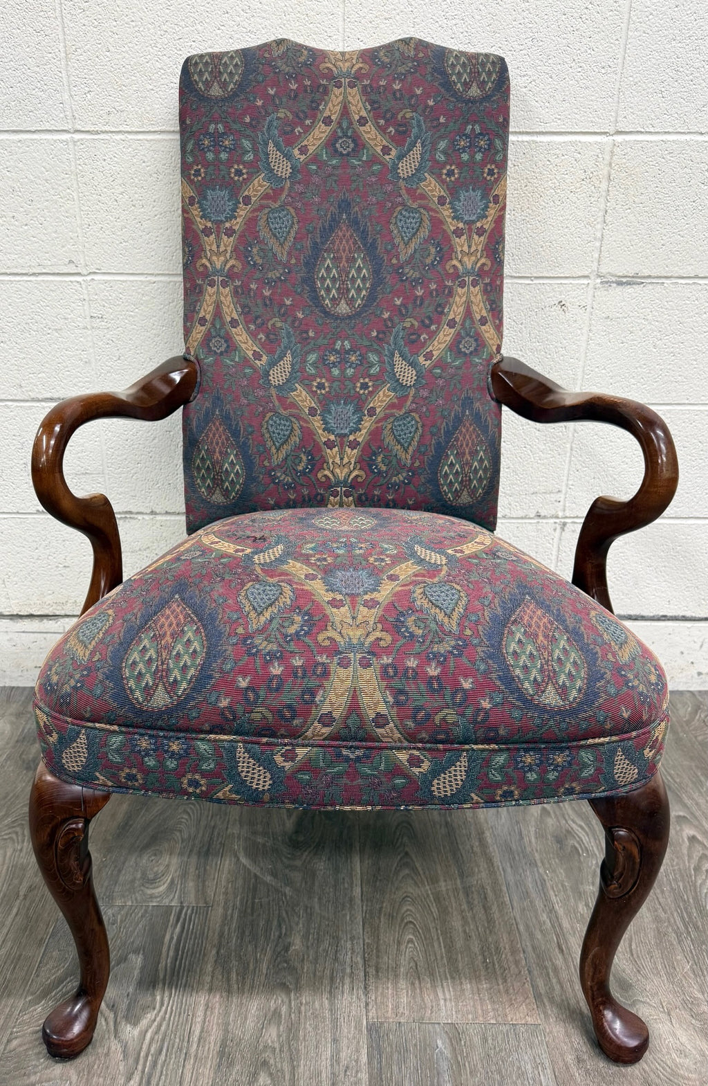 Vintage Queen Anne Style Gooseneck Arm Mahogany Library Chair