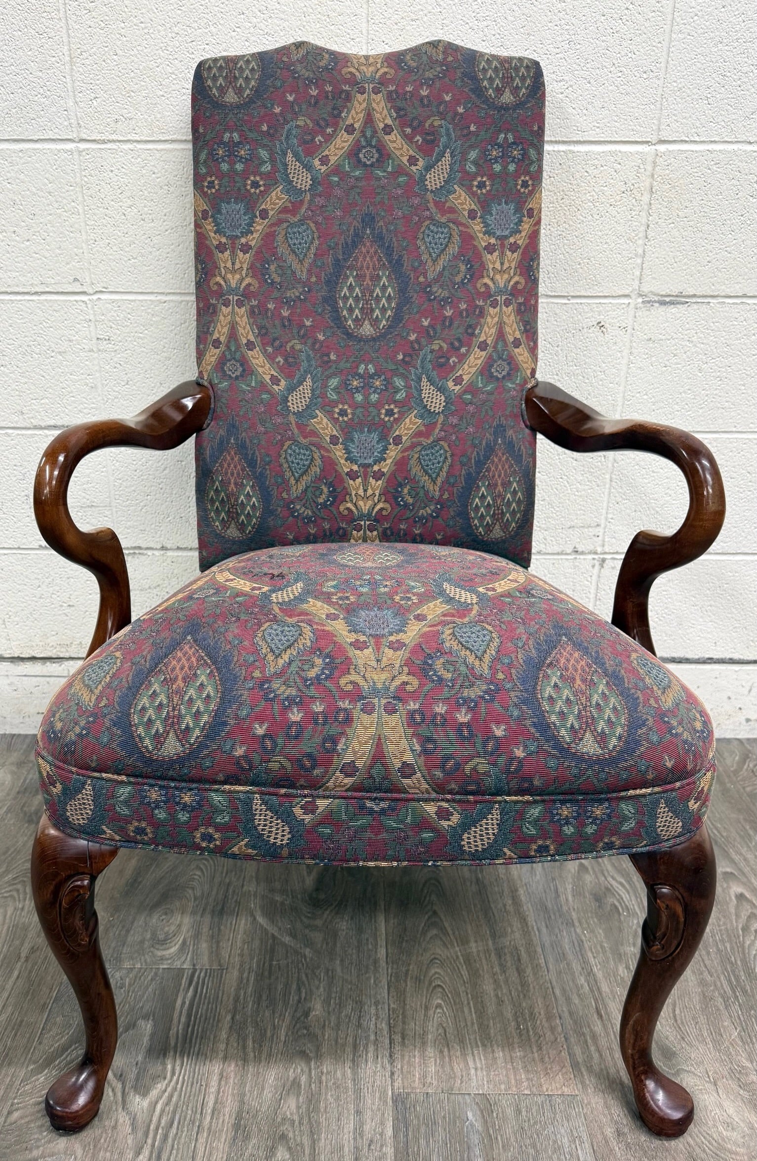 Vintage Queen Anne Style Gooseneck Arm Mahogany Library Chair