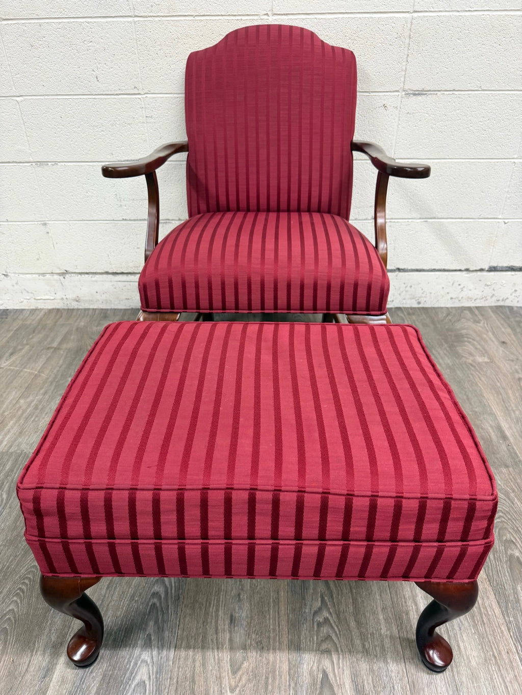 Vintage 1995 Ethan Allen Queen Anne Wingback Lounge Chair with Ottoman