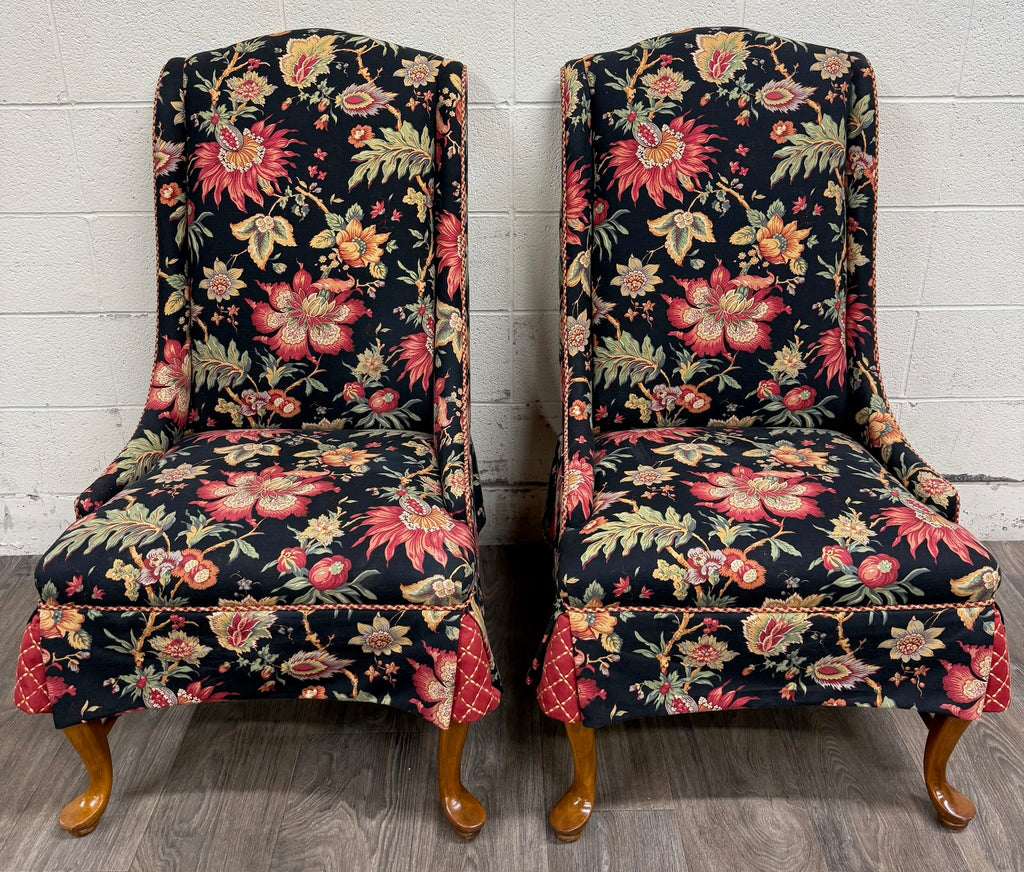 Vintage Queen Anne Style Wingback Lounge Chairs - Pair