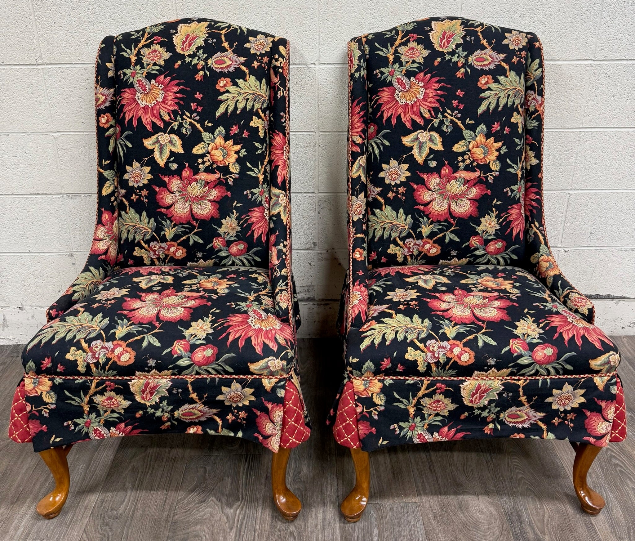 Vintage Queen Anne Style Wingback Lounge Chairs - Pair