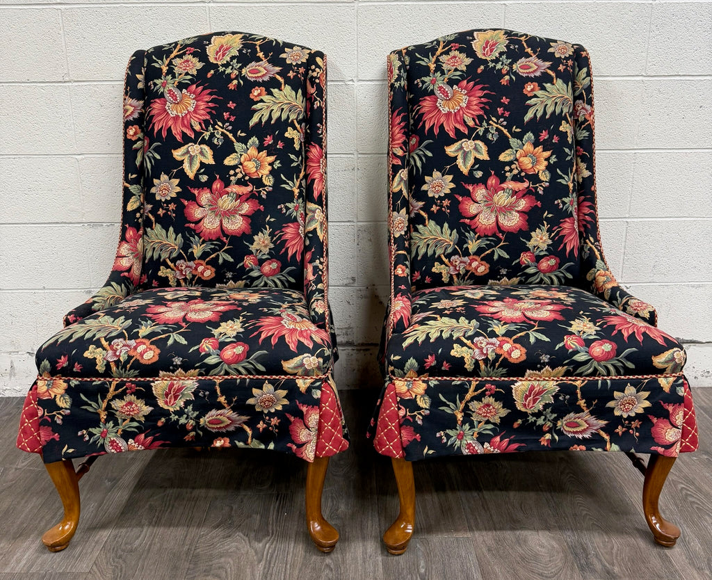 Vintage Queen Anne Style Wingback Lounge Chairs - Pair