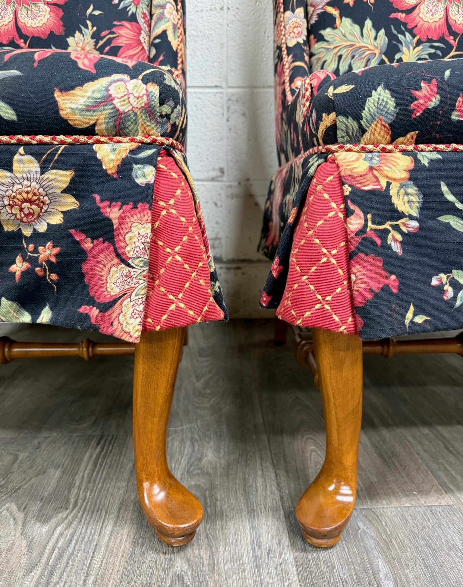 Vintage Queen Anne Style Wingback Lounge Chairs - Pair