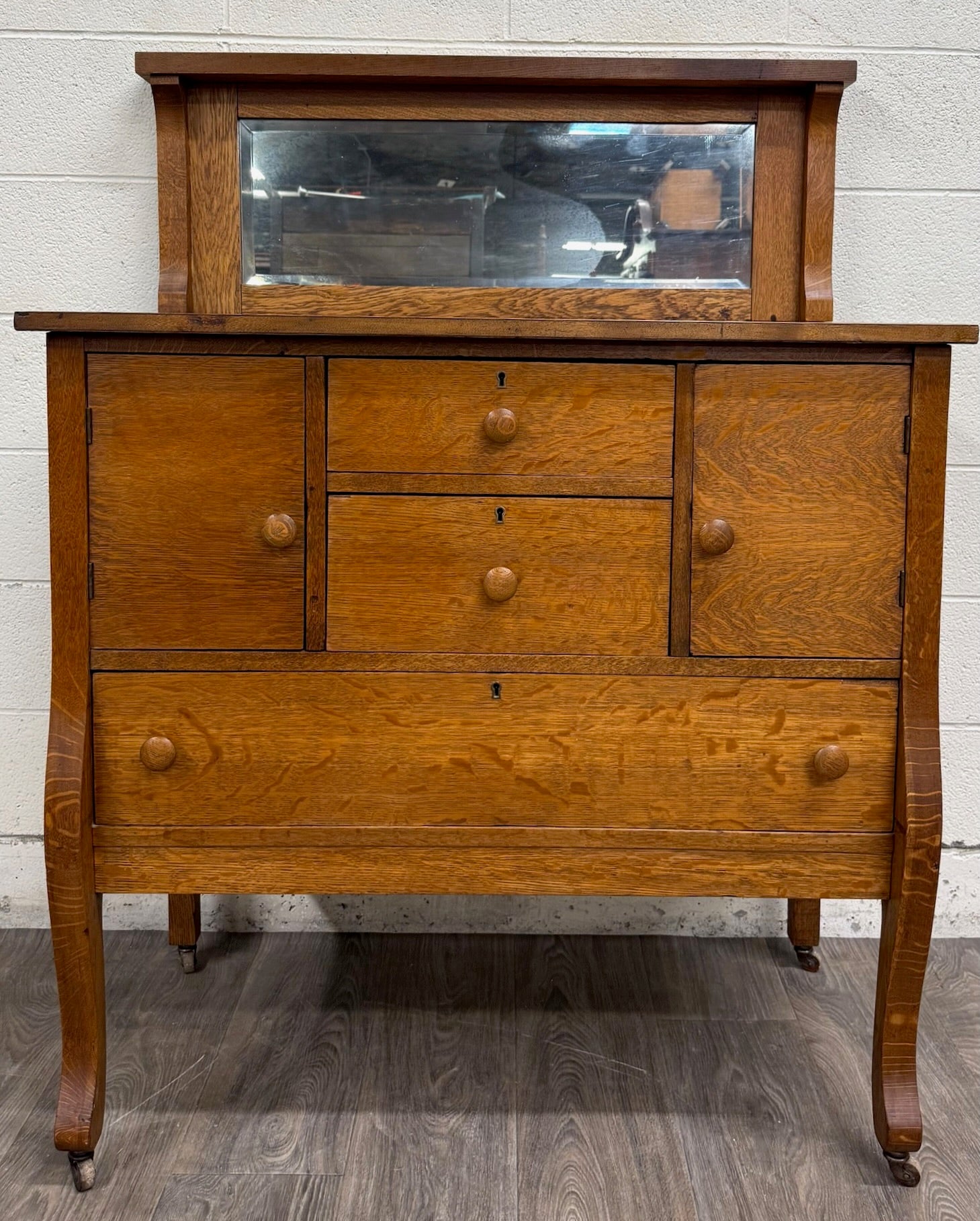 Antique Arts & Crafts Quarter Sawn White Oak Buffet with Beveled Mirror