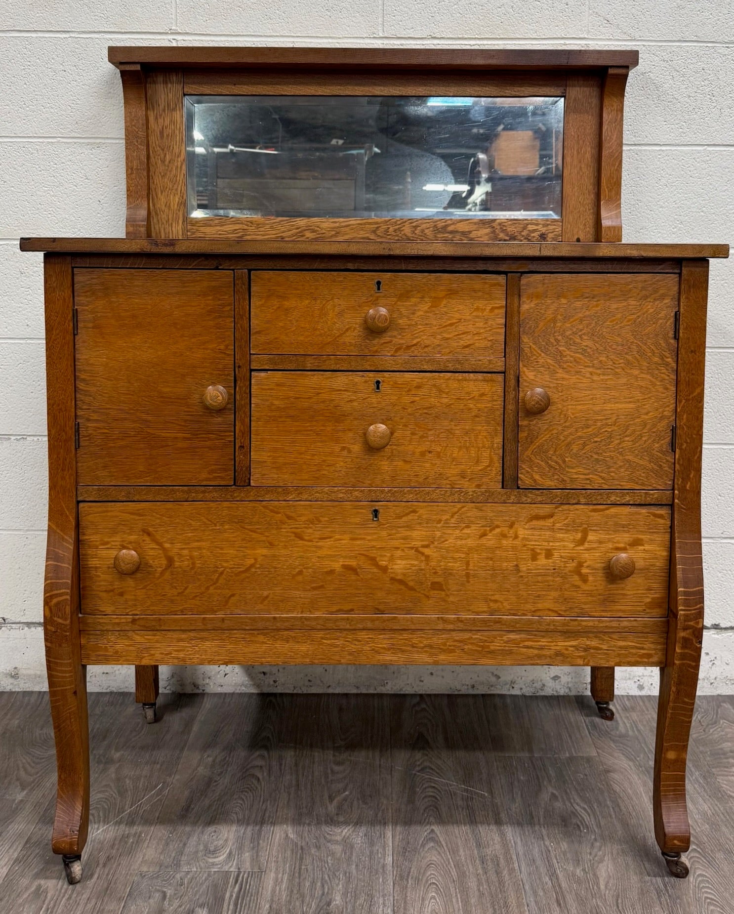 Antique Arts & Crafts Quarter Sawn White Oak Buffet with Beveled Mirror