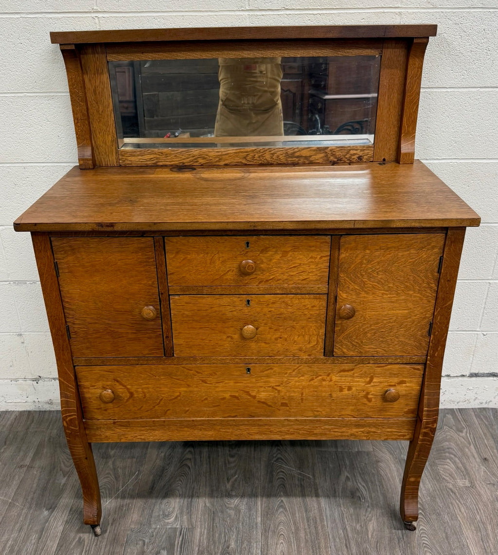 Antique Arts & Crafts Quarter Sawn White Oak Buffet with Beveled Mirror