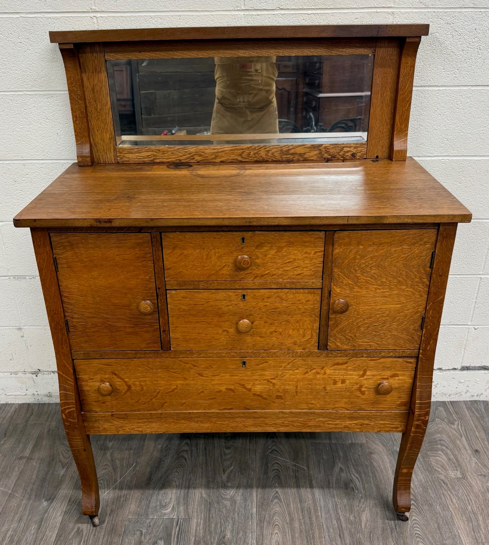Antique Arts & Crafts Quarter Sawn White Oak Buffet with Beveled Mirror