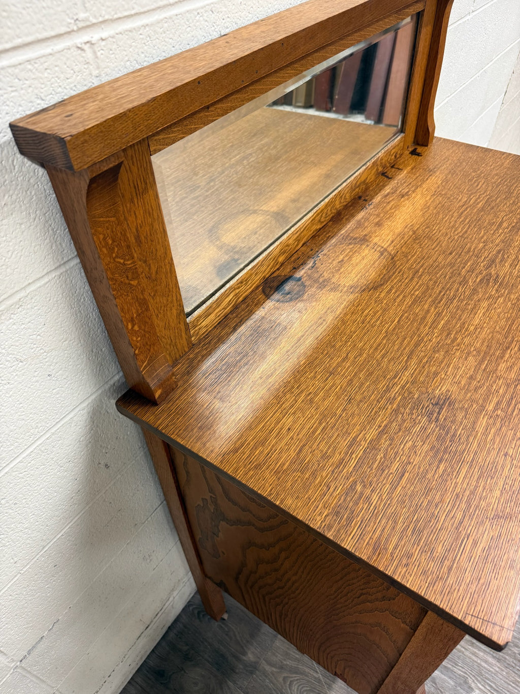 Antique Arts & Crafts Quarter Sawn White Oak Buffet with Beveled Mirror