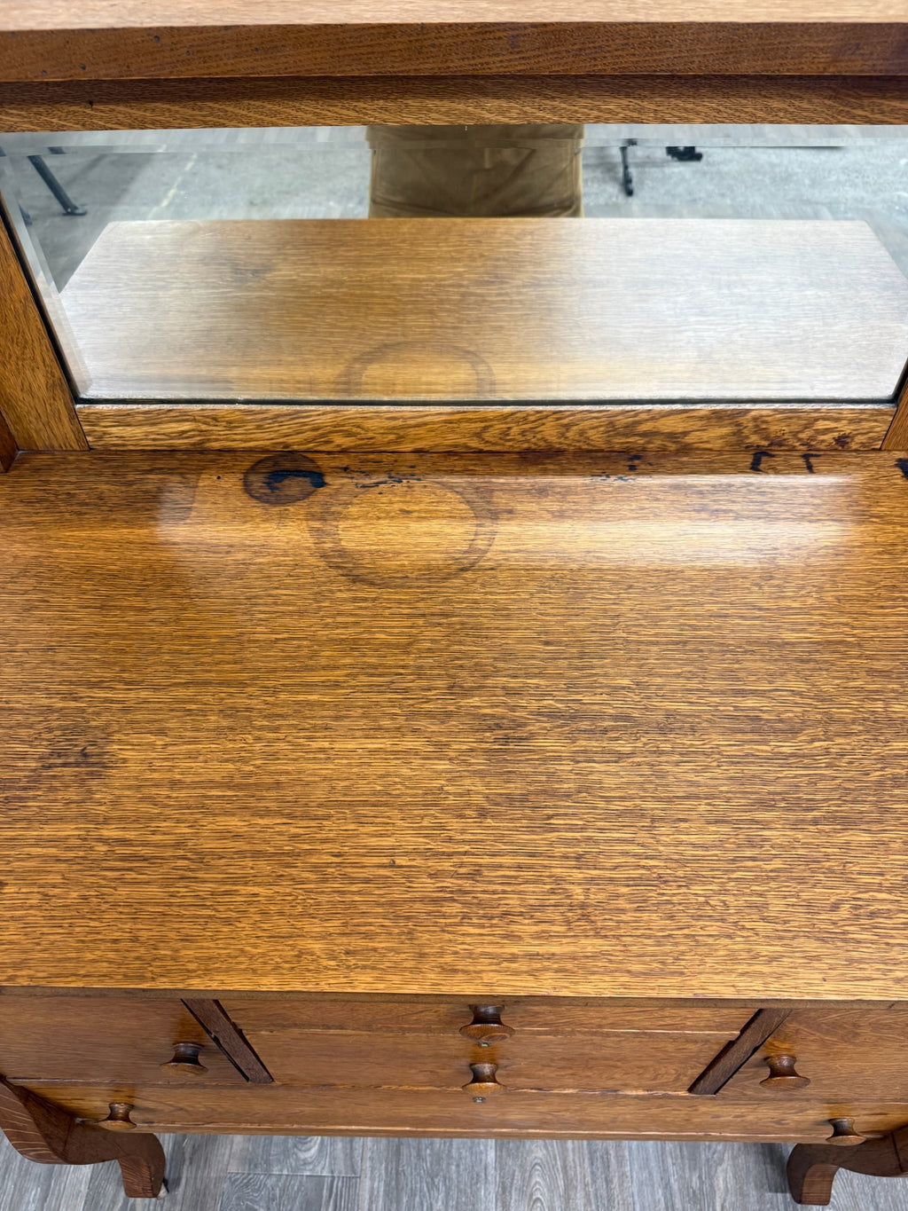 Antique Arts & Crafts Quarter Sawn White Oak Buffet with Beveled Mirror