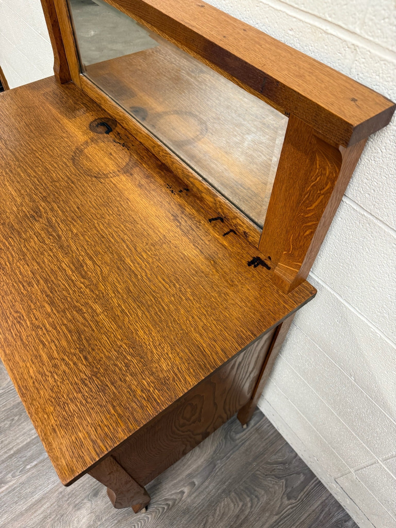 Antique Arts & Crafts Quarter Sawn White Oak Buffet with Beveled Mirror