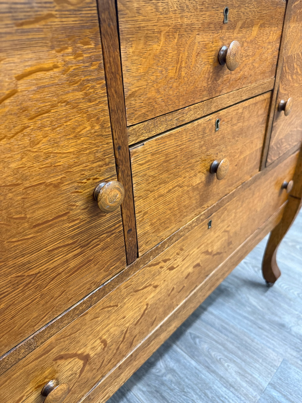 Antique Arts & Crafts Quarter Sawn White Oak Buffet with Beveled Mirror