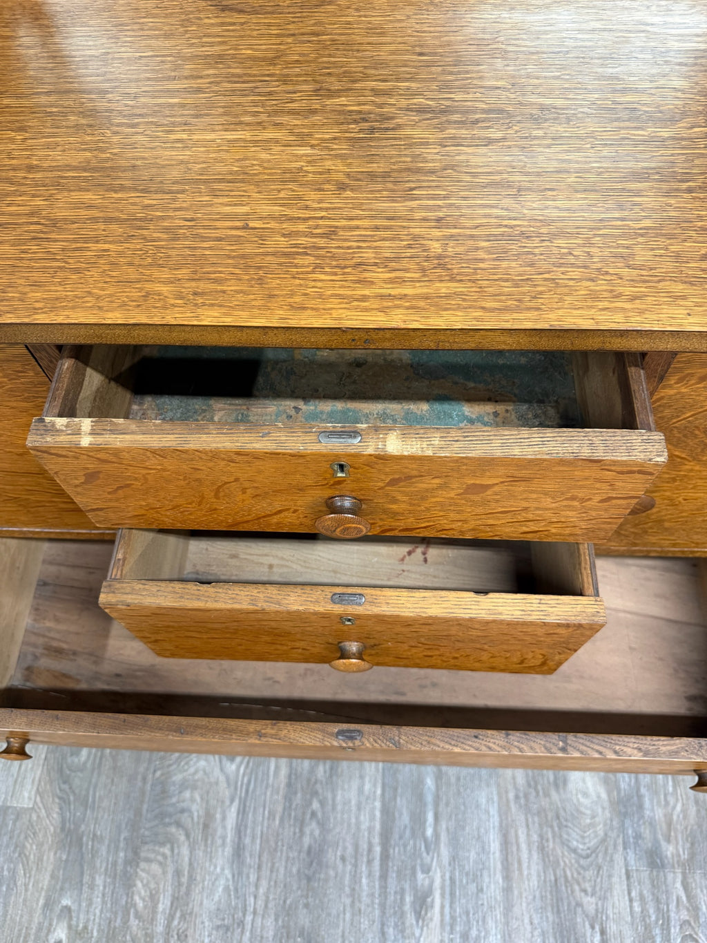 Antique Arts & Crafts Quarter Sawn White Oak Buffet with Beveled Mirror