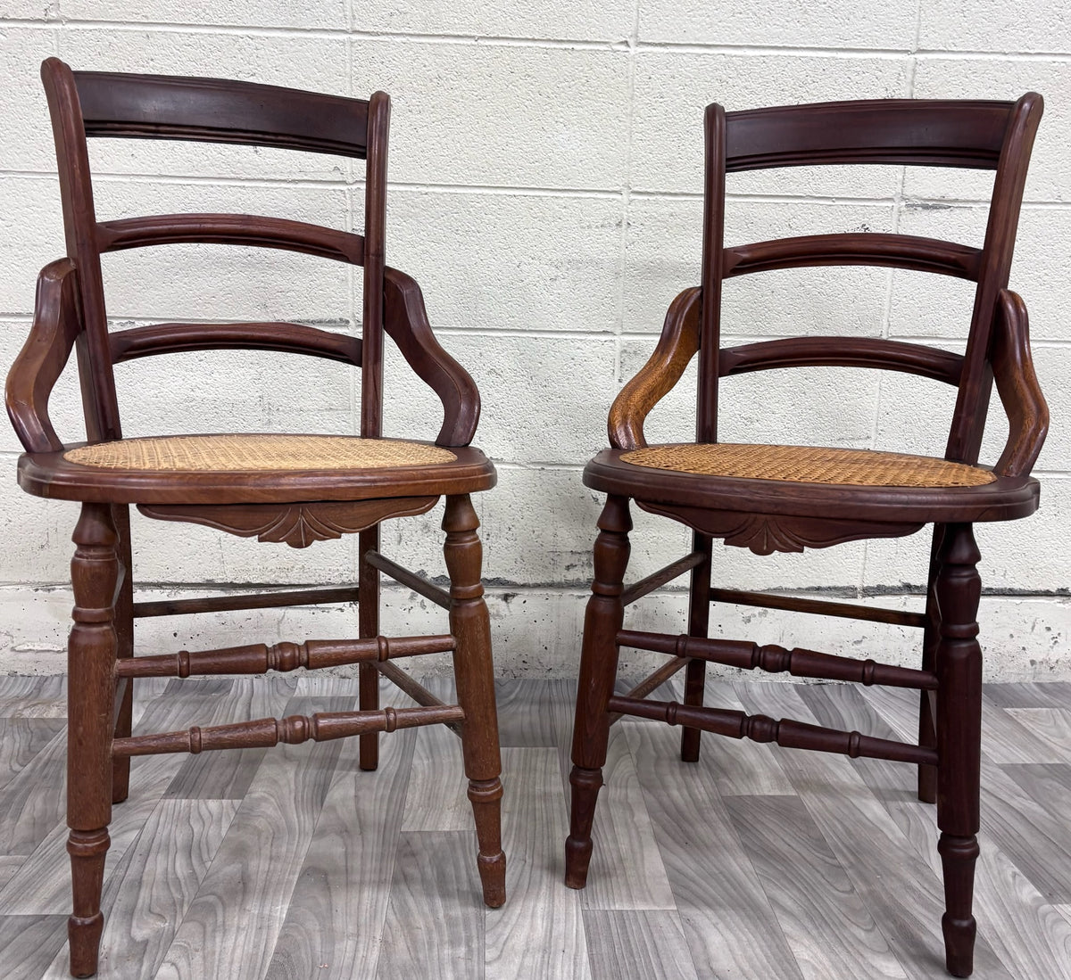 Antique Victorian Ladder Back Round Cane Seat Dining or Accent Chairs - Pair