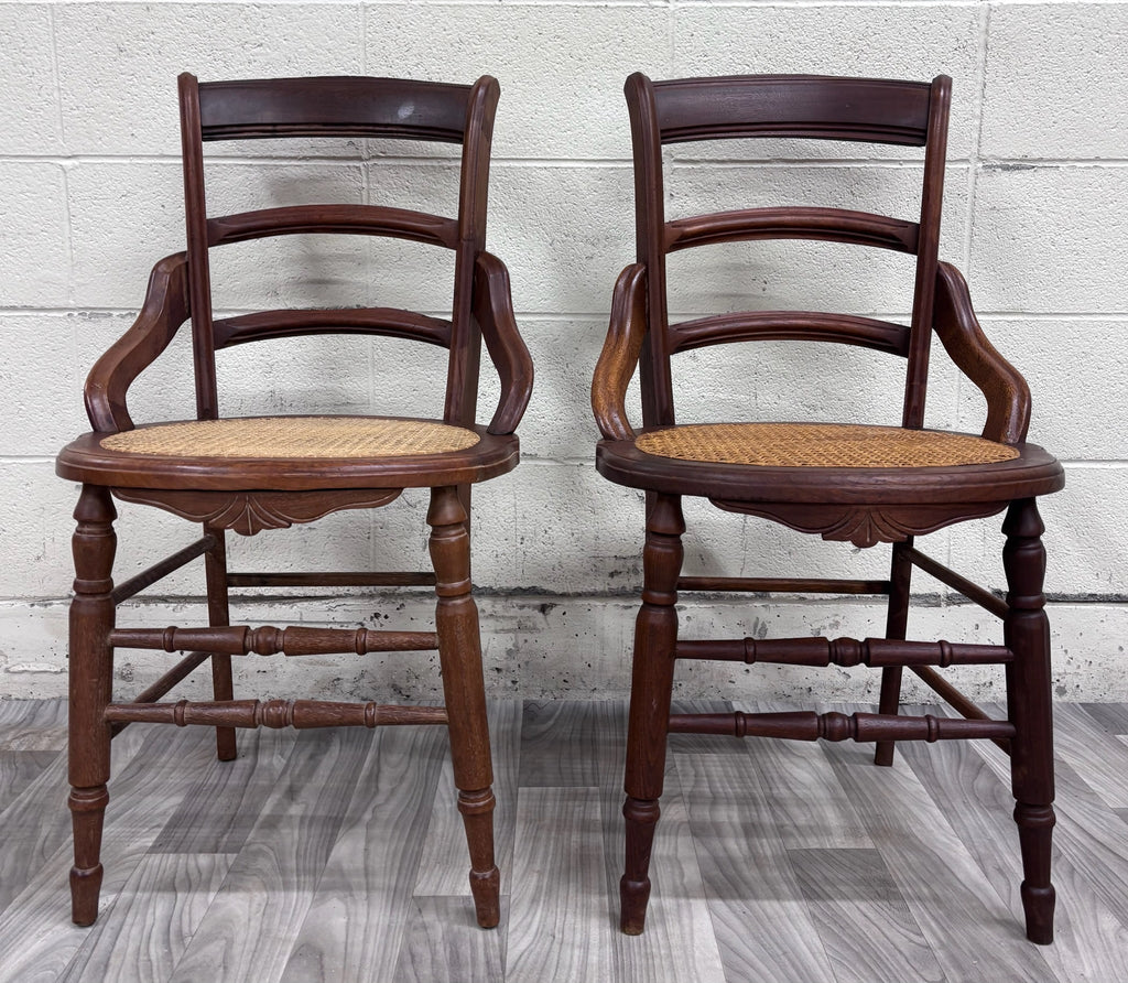 Antique Victorian Ladder Back Round Cane Seat Dining or Accent Chairs - Pair