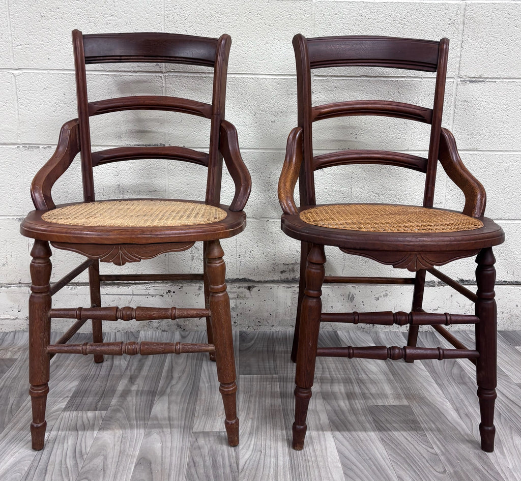 Antique Victorian Ladder Back Round Cane Seat Dining or Accent Chairs - Pair