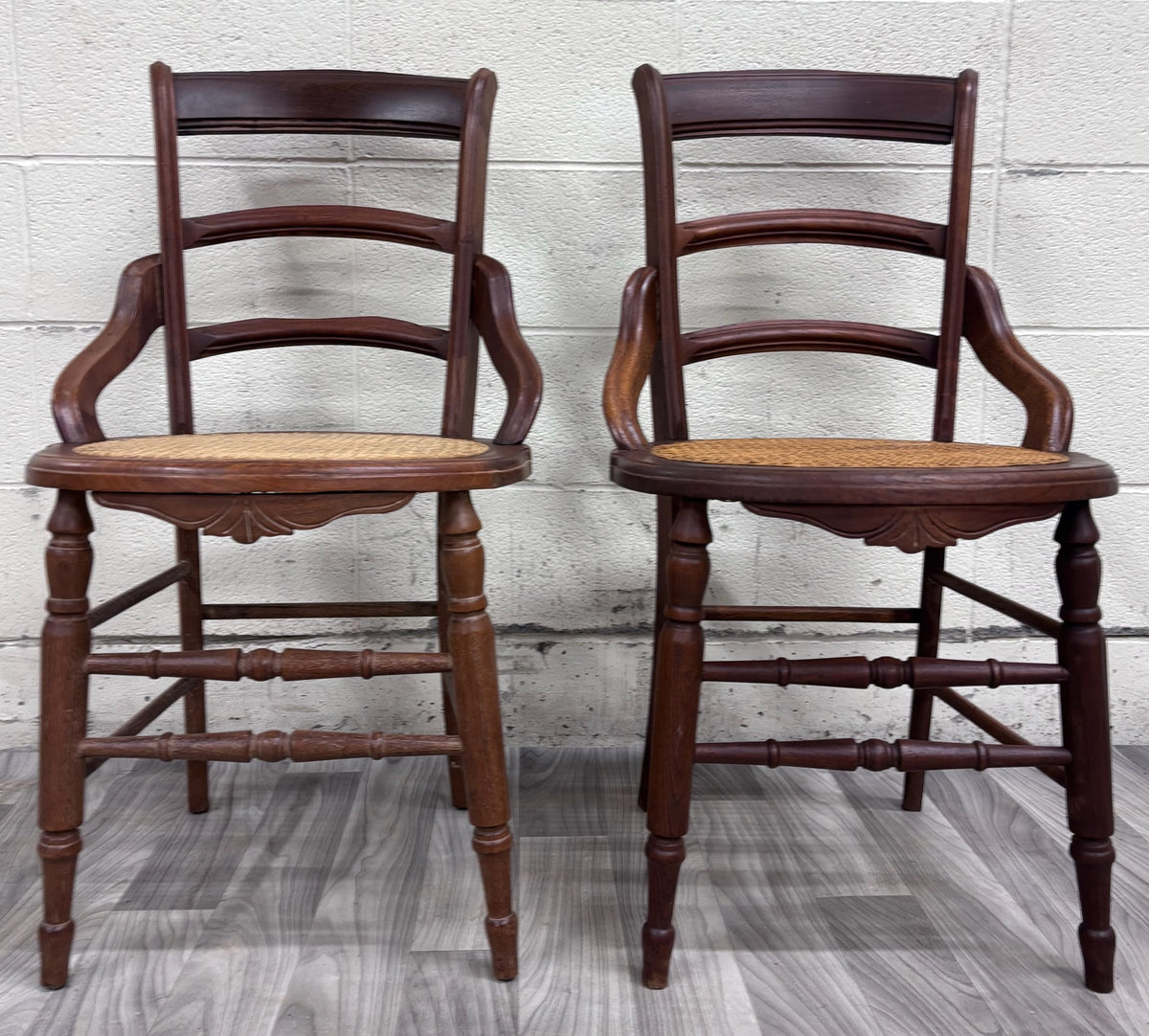 Antique Victorian Ladder Back Round Cane Seat Dining or Accent Chairs - Pair
