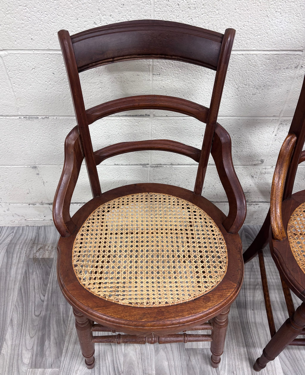 Antique Victorian Ladder Back Round Cane Seat Dining or Accent Chairs - Pair