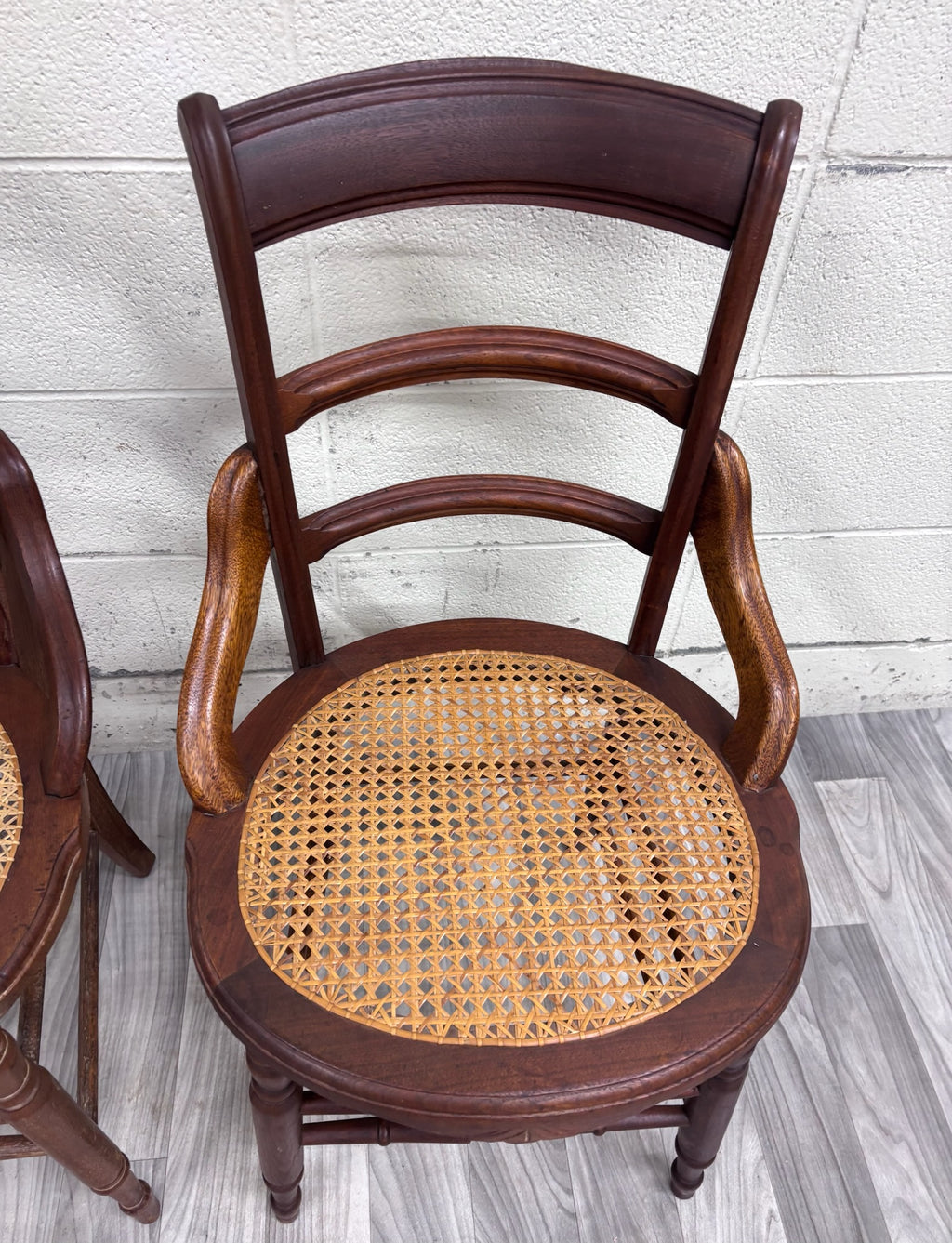 Antique Victorian Ladder Back Round Cane Seat Dining or Accent Chairs - Pair