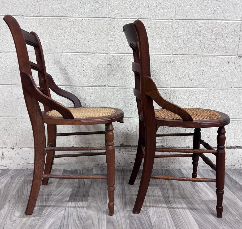 Antique Victorian Ladder Back Round Cane Seat Dining or Accent Chairs - Pair