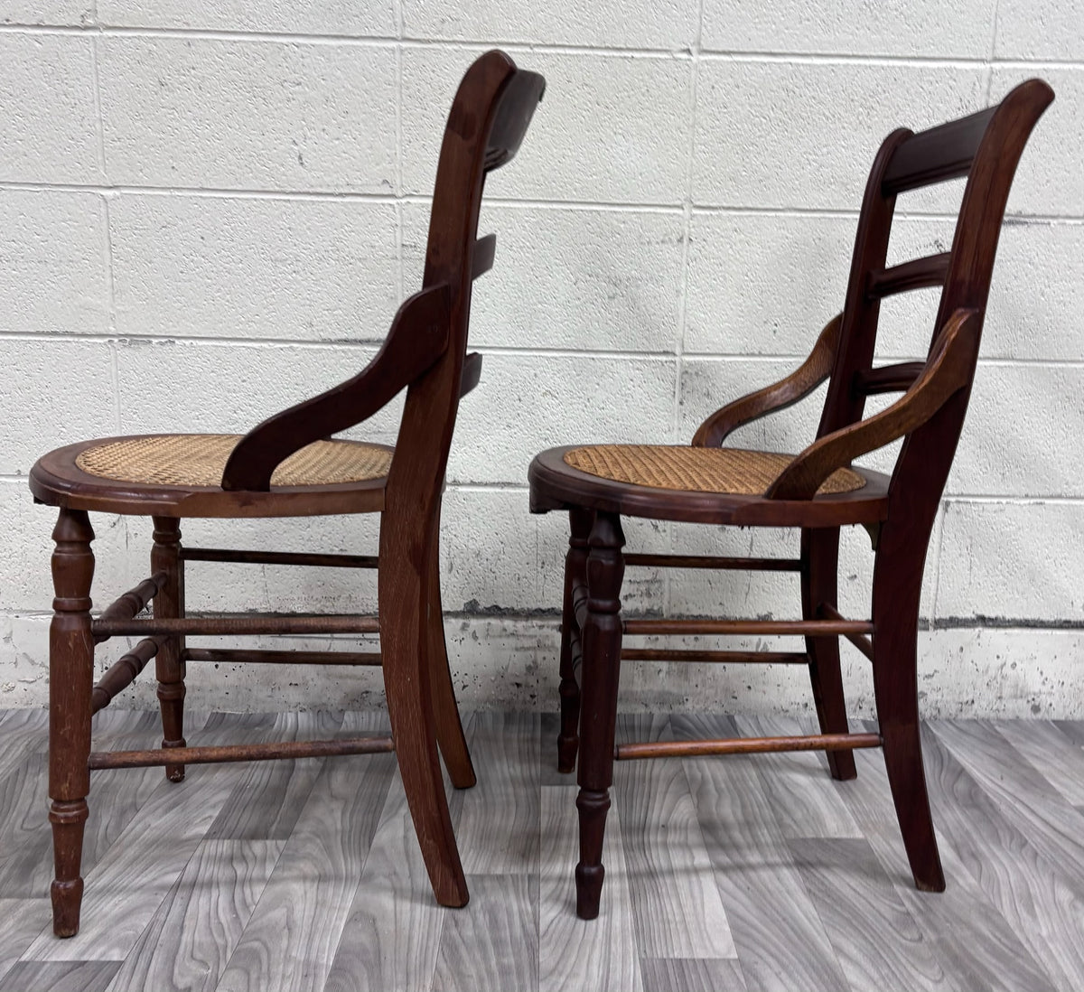 Antique Victorian Ladder Back Round Cane Seat Dining or Accent Chairs - Pair