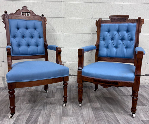 Antique 1800s Victorian Blue His and Hers Parlor Chairs with Castors - Pair