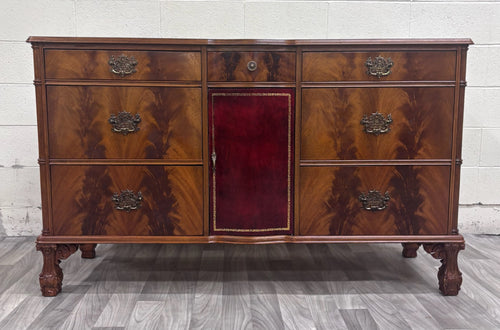 Vintage Chinese Chippendale Revival Flame Mahogany and Leather Dresser Sideboard