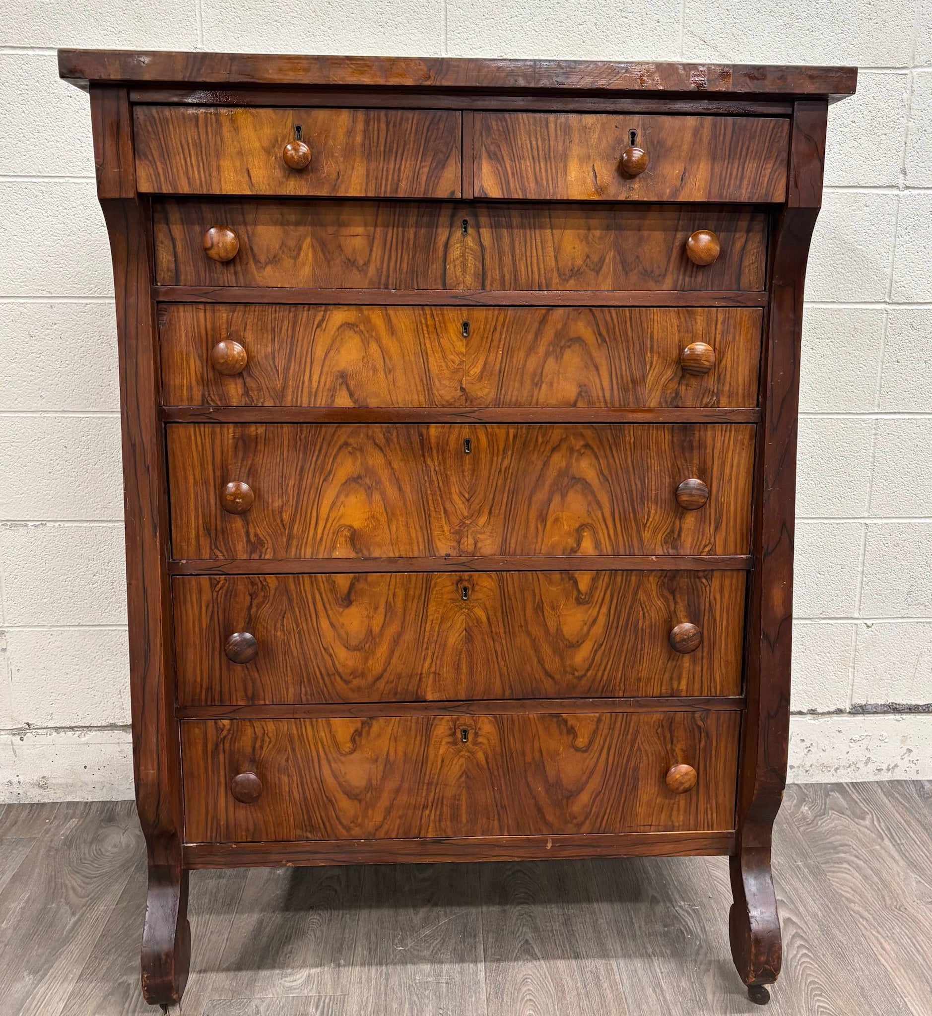 Antique American Empire Walnut Veneer Chest Bureau Dresser with Mirror