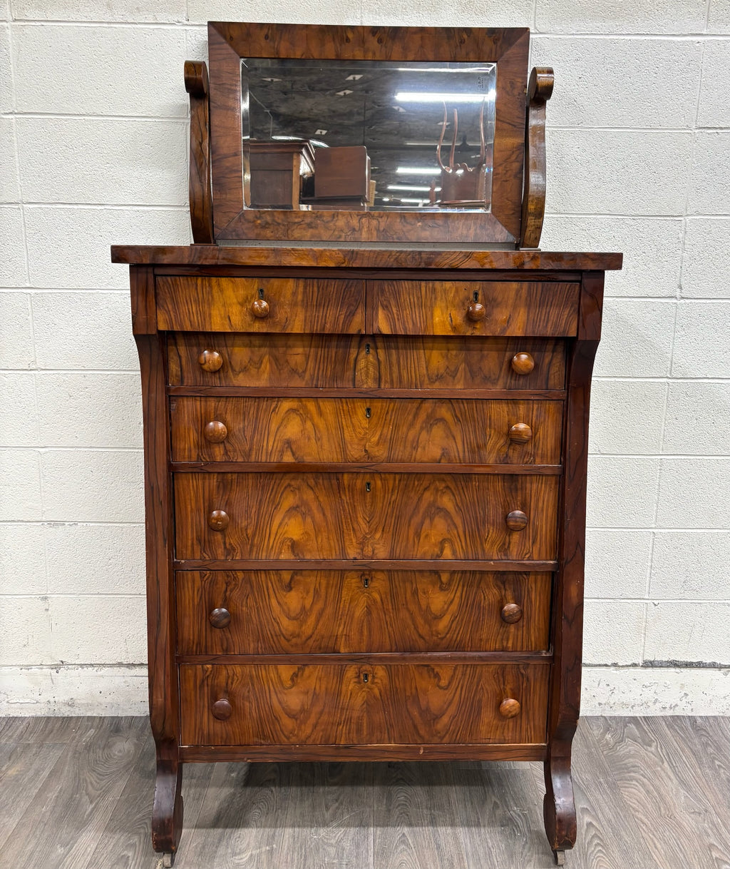 Antique American Empire Walnut Veneer Chest Bureau Dresser with Mirror