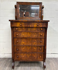 Antique American Empire Walnut Veneer Chest Bureau Dresser with Mirror