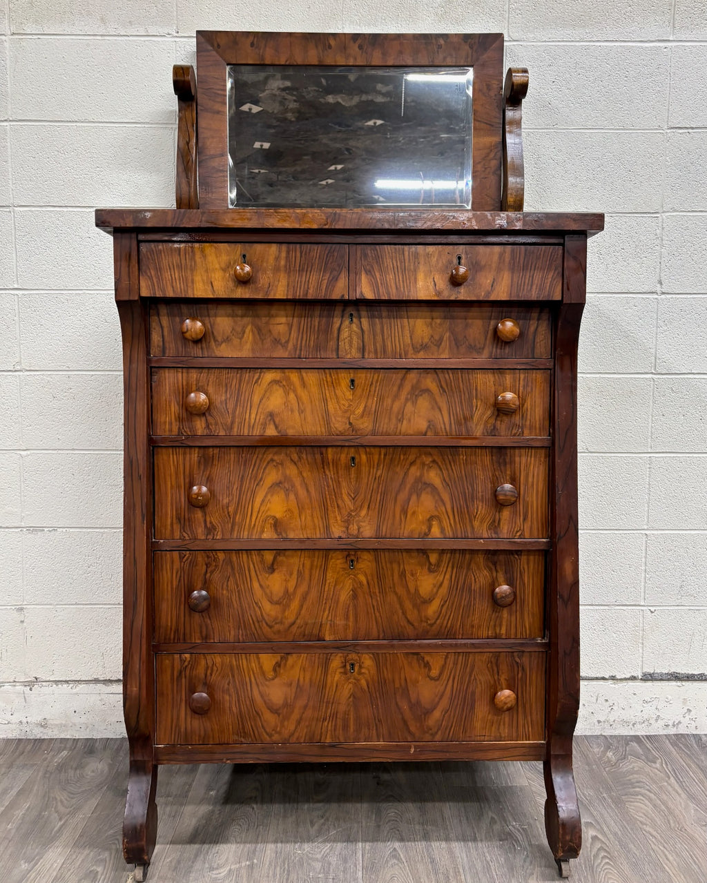 Antique American Empire Walnut Veneer Chest Bureau Dresser with Mirror