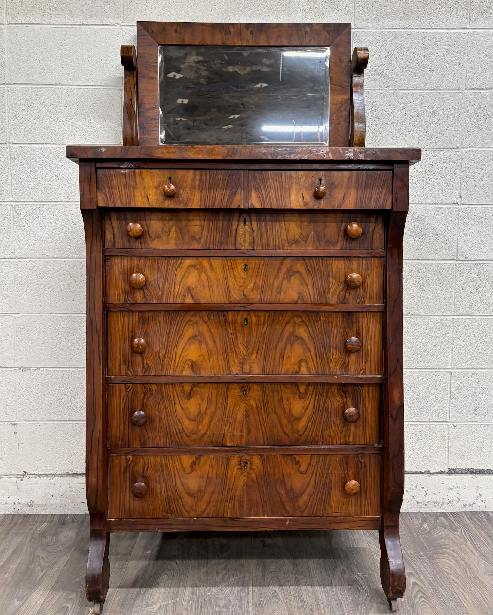 Antique American Empire Walnut Veneer Chest Bureau Dresser with Mirror