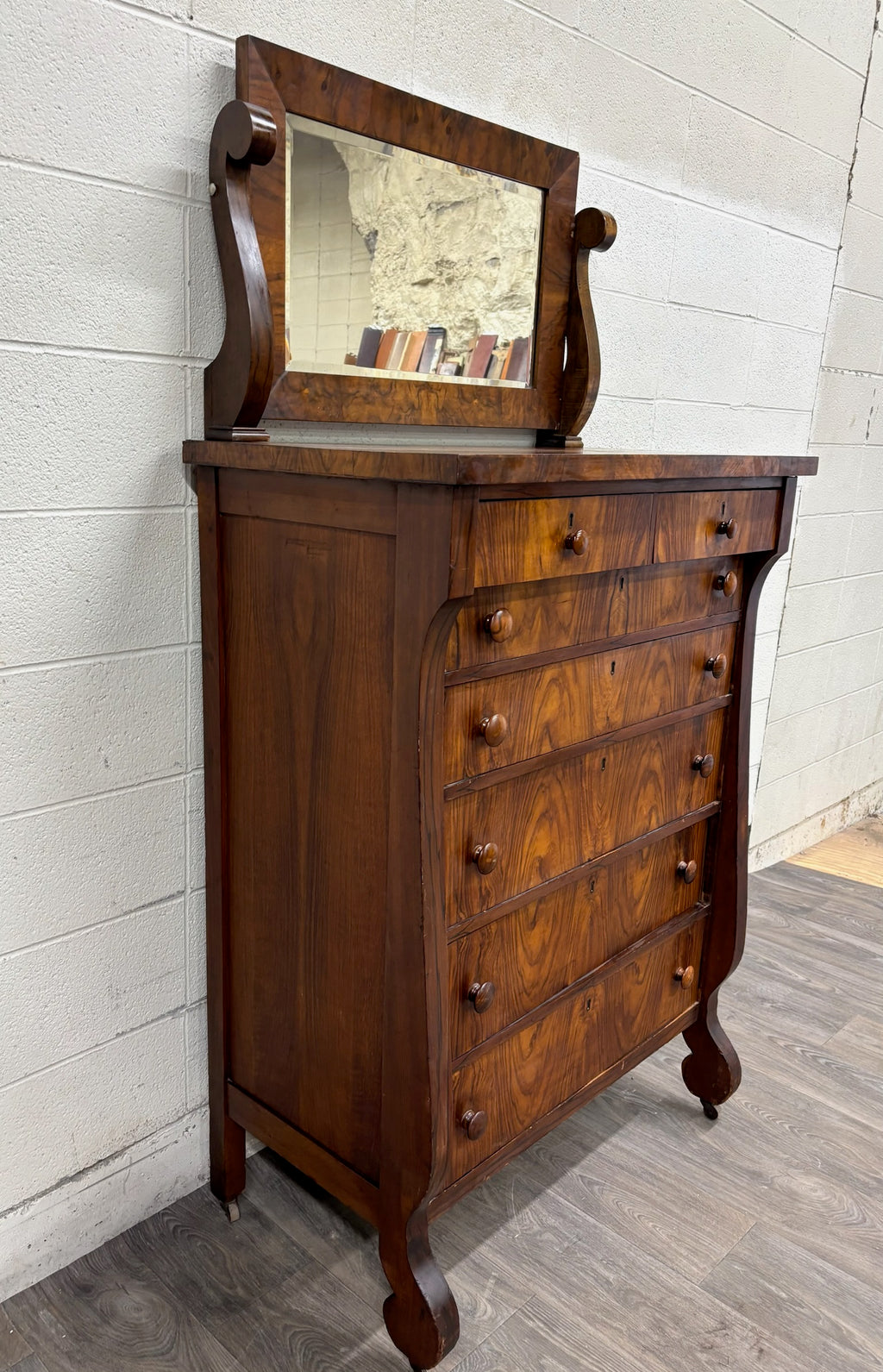 Antique American Empire Walnut Veneer Chest Bureau Dresser with Mirror