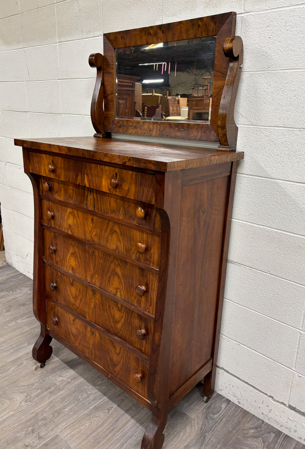 Antique American Empire Walnut Veneer Chest Bureau Dresser with Mirror