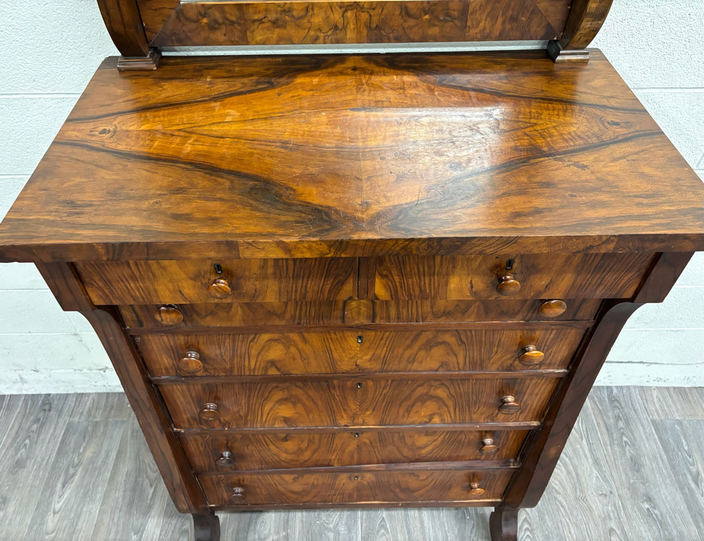 Antique American Empire Walnut Veneer Chest Bureau Dresser with Mirror