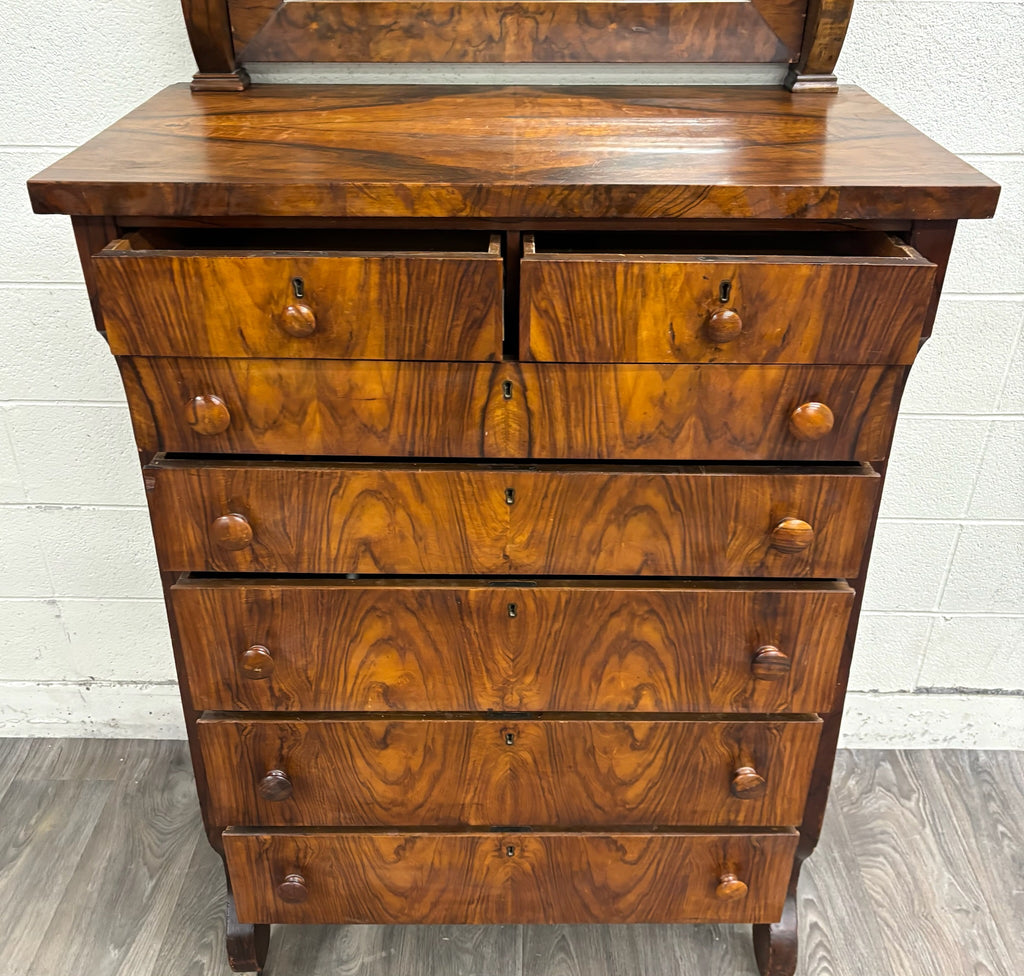 Antique American Empire Walnut Veneer Chest Bureau Dresser with Mirror