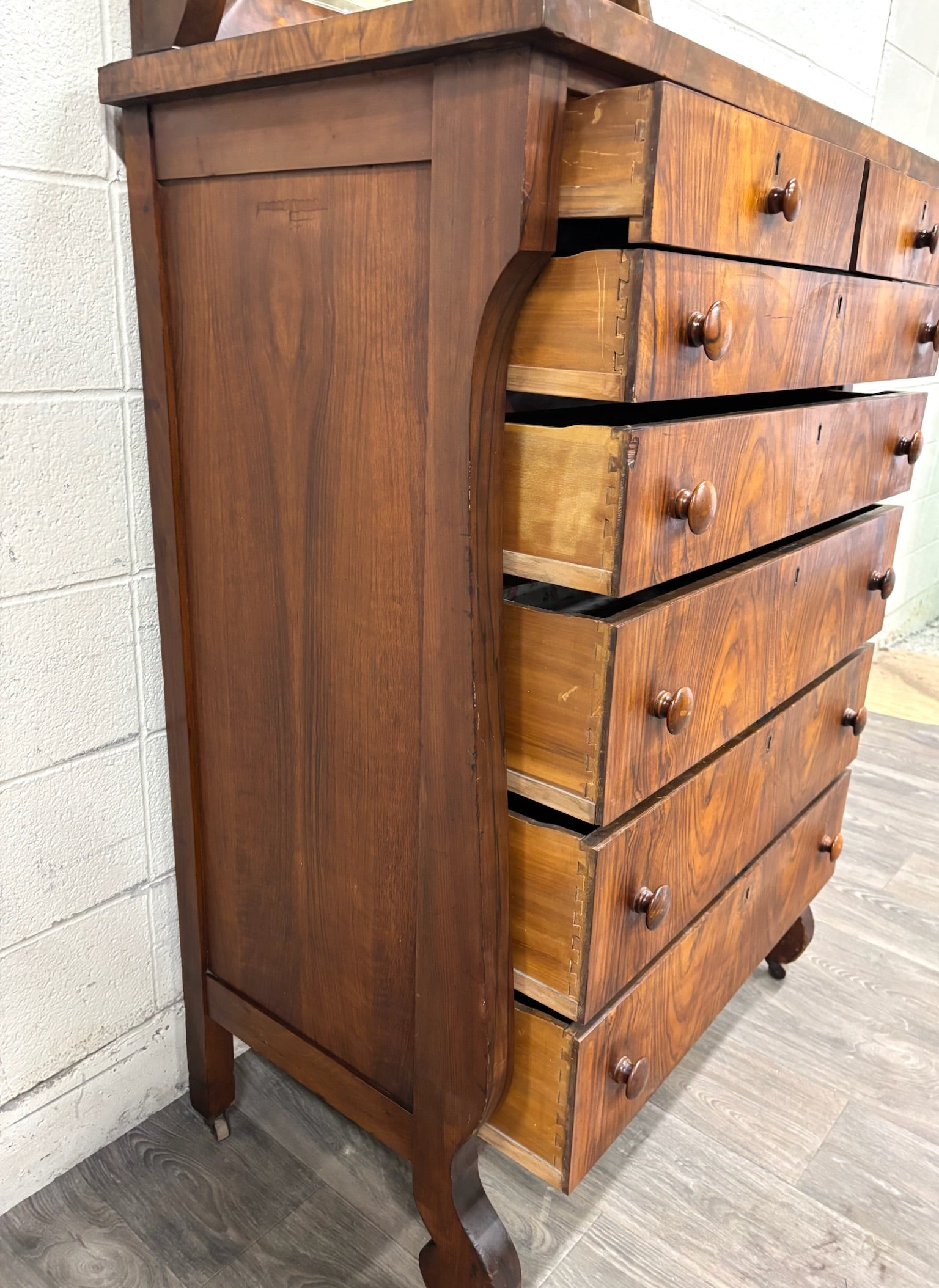 Antique American Empire Walnut Veneer Chest Bureau Dresser with Mirror