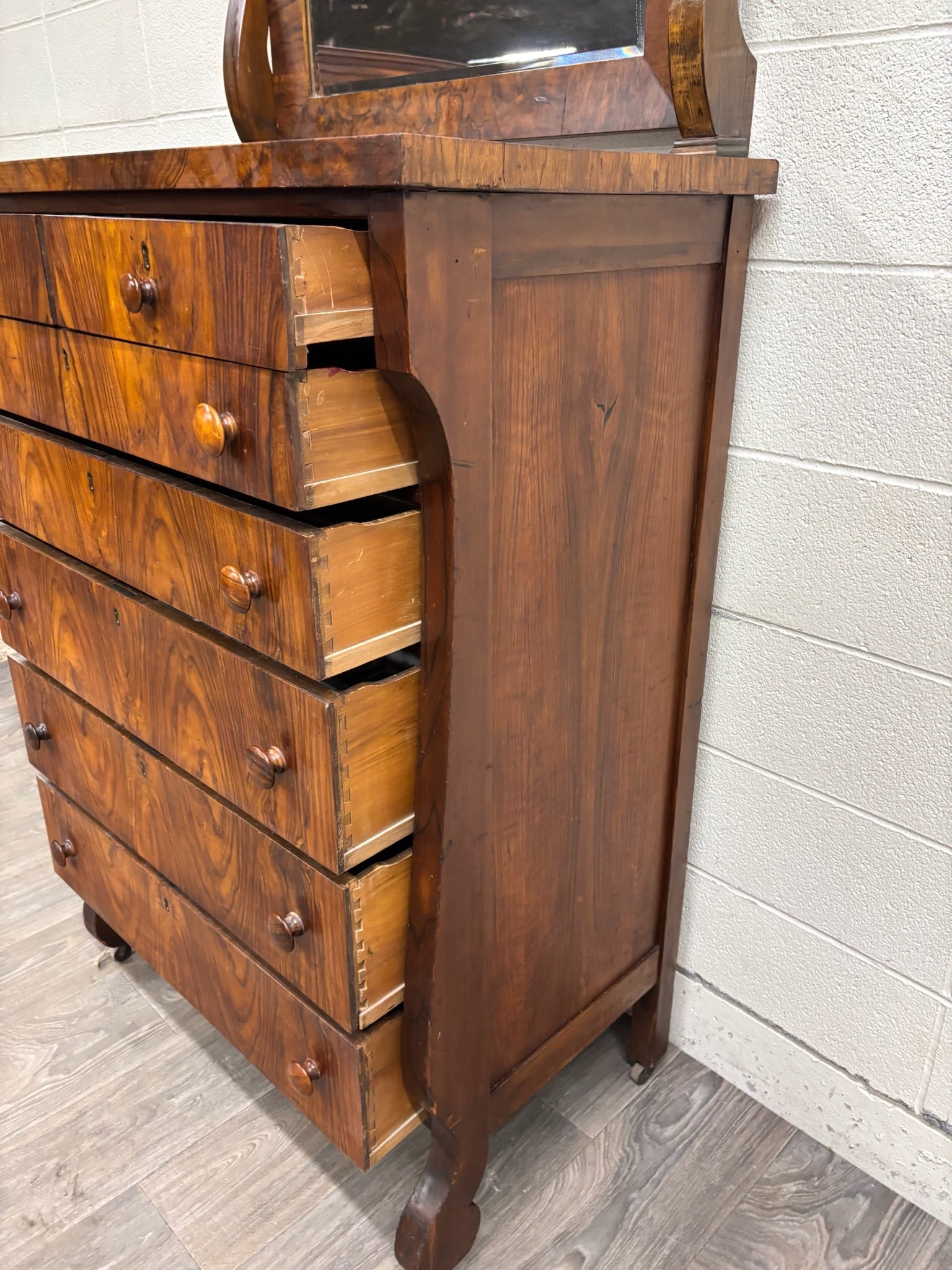 Antique American Empire Walnut Veneer Chest Bureau Dresser with Mirror