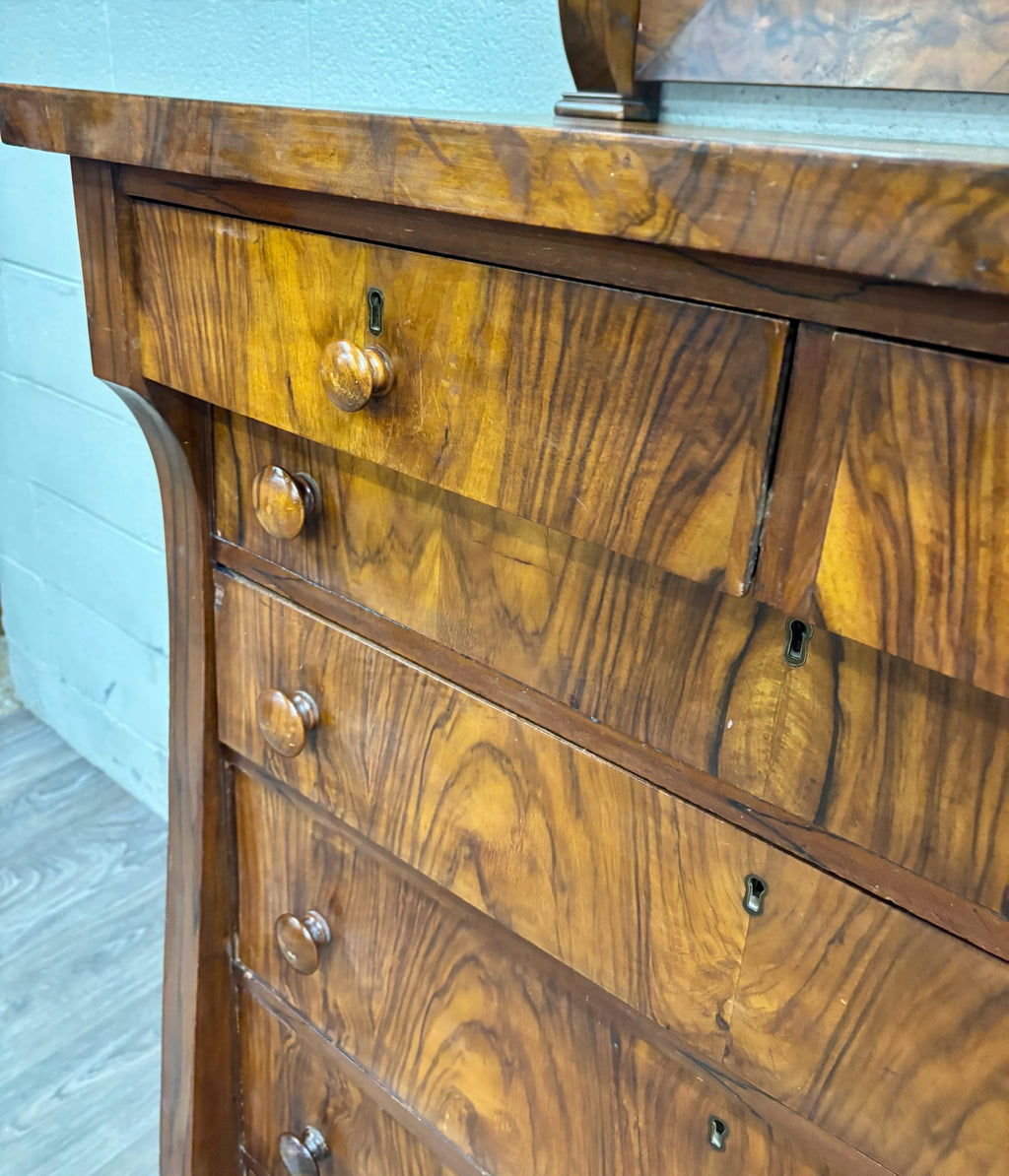 Antique American Empire Walnut Veneer Chest Bureau Dresser with Mirror