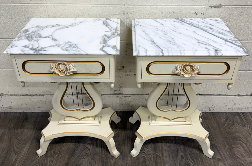 Vintage Hollywood Regency Marble Top Nightstands - Pair