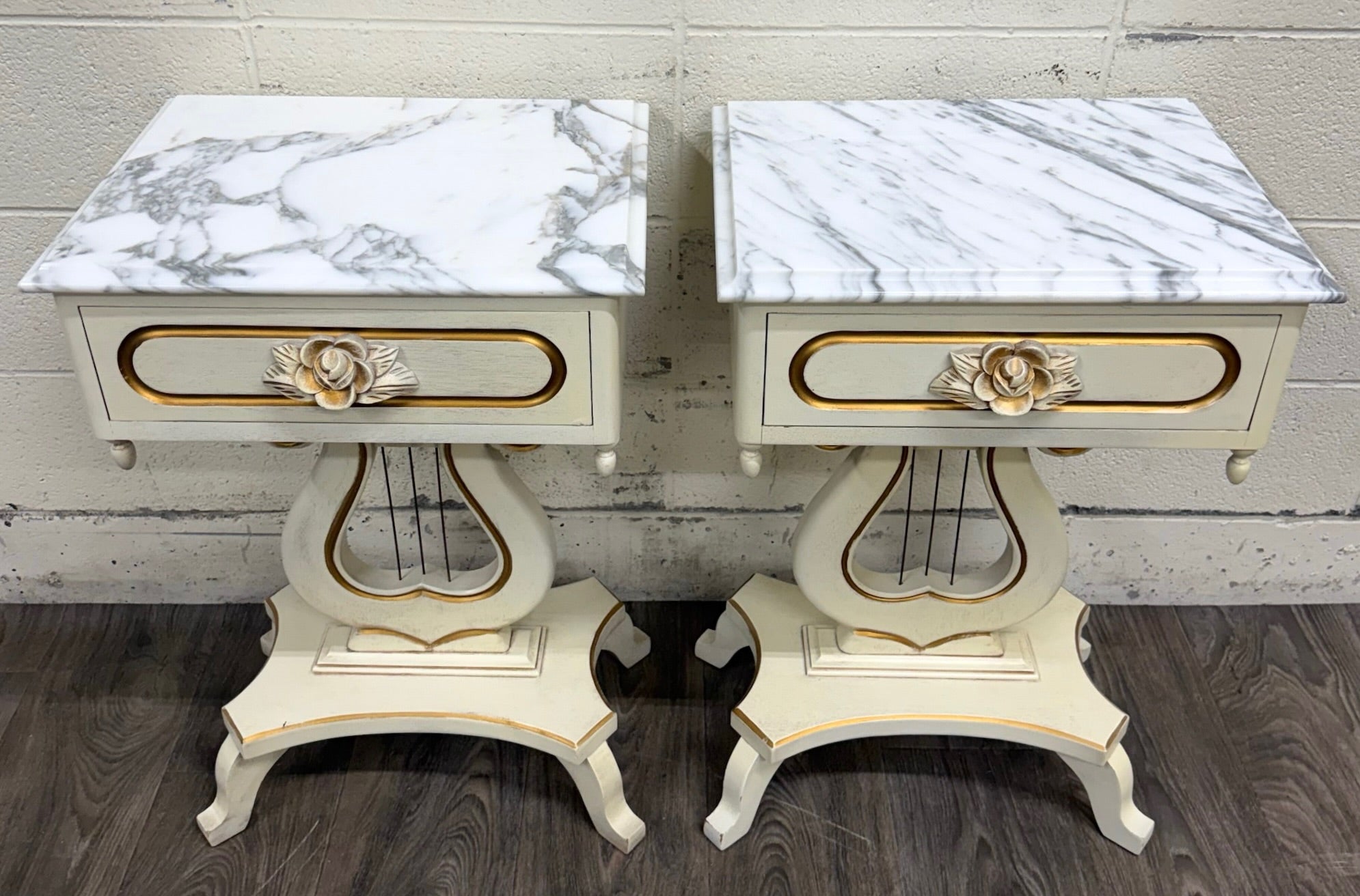 Vintage Hollywood Regency Marble Top Nightstands - Pair