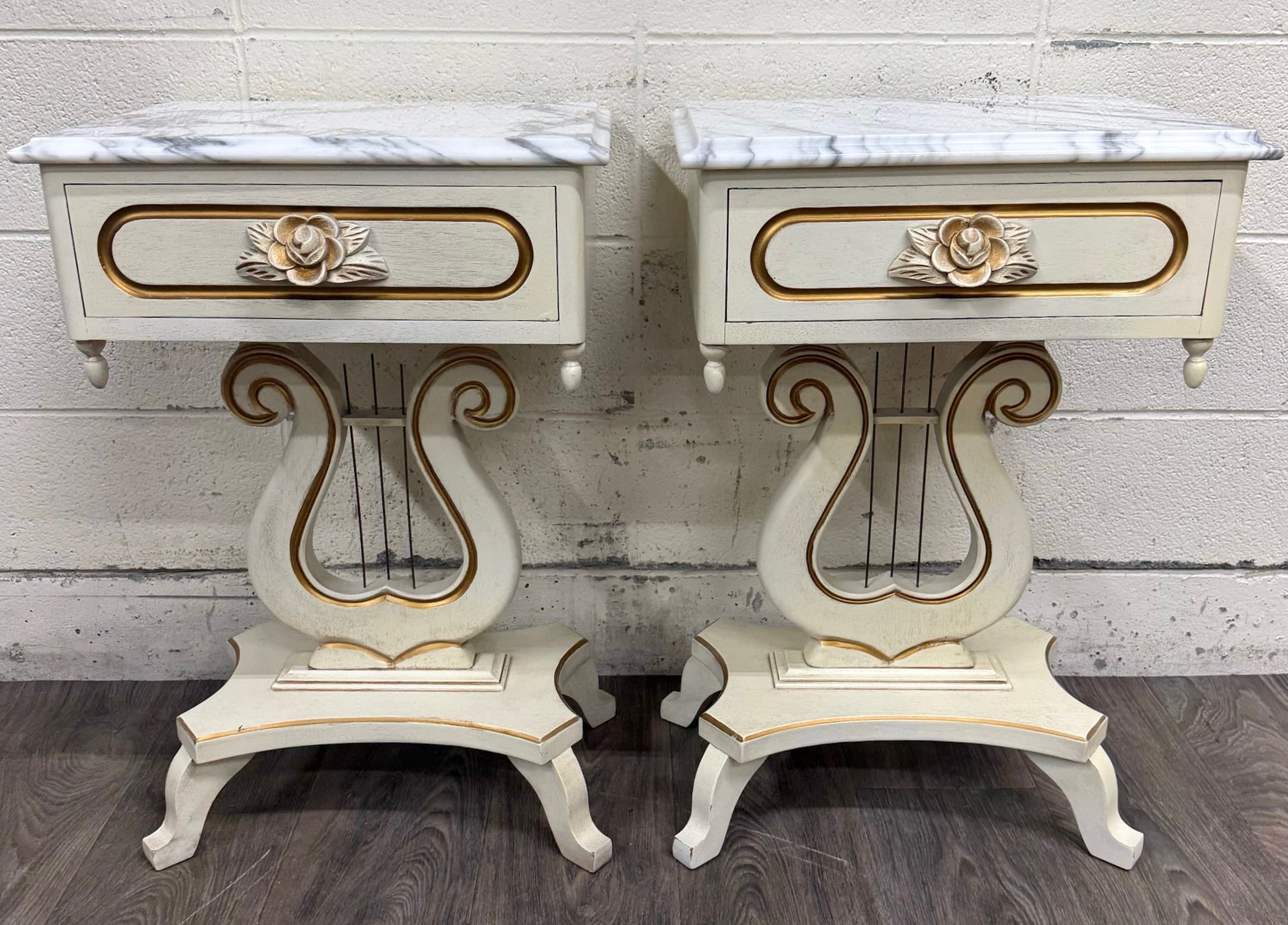 Vintage Hollywood Regency Marble Top Nightstands - Pair