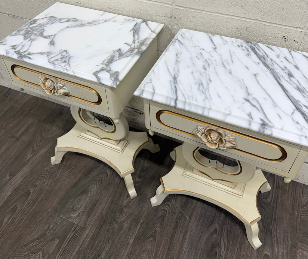 Vintage Hollywood Regency Marble Top Nightstands - Pair