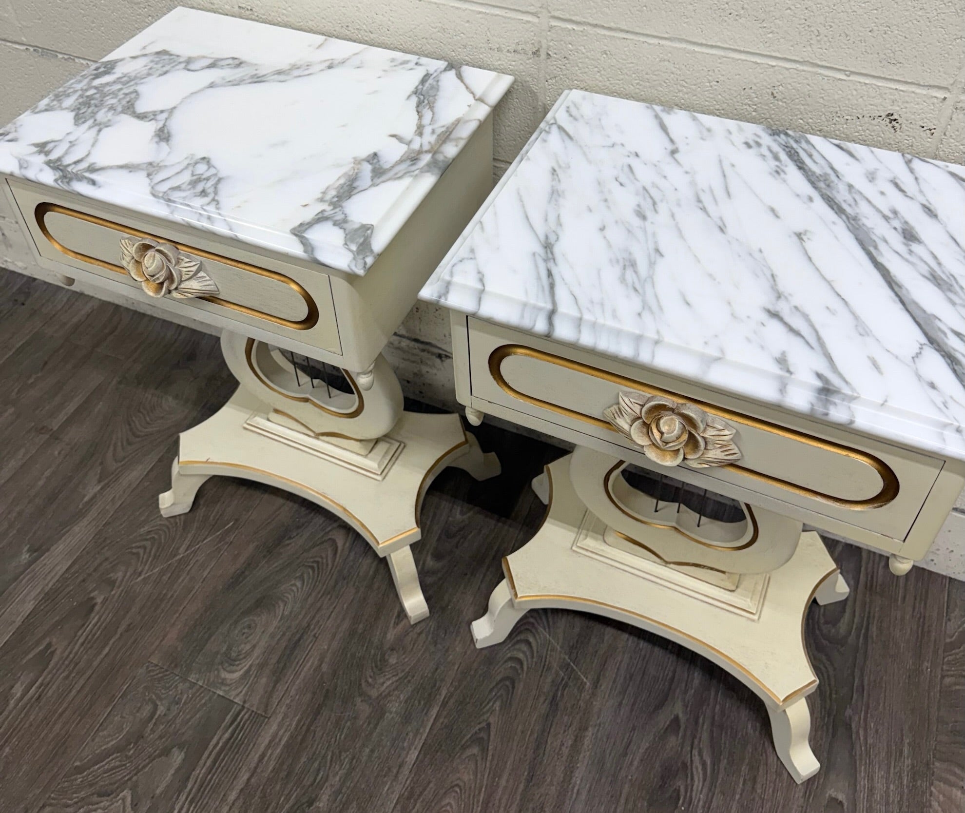 Vintage Hollywood Regency Marble Top Nightstands - Pair