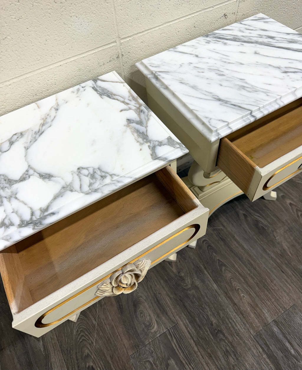 Vintage Hollywood Regency Marble Top Nightstands - Pair