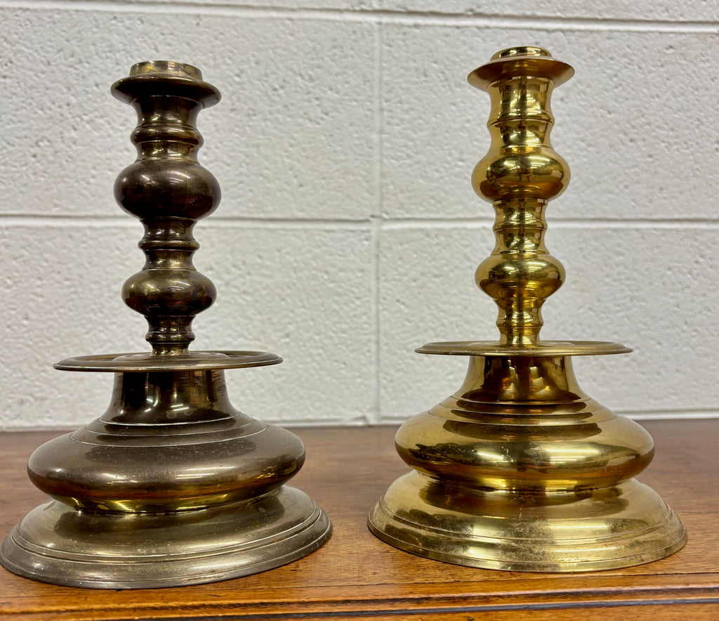 Vintage Solid Brass Candlesticks Candle Holders with Drip Pans - Pair