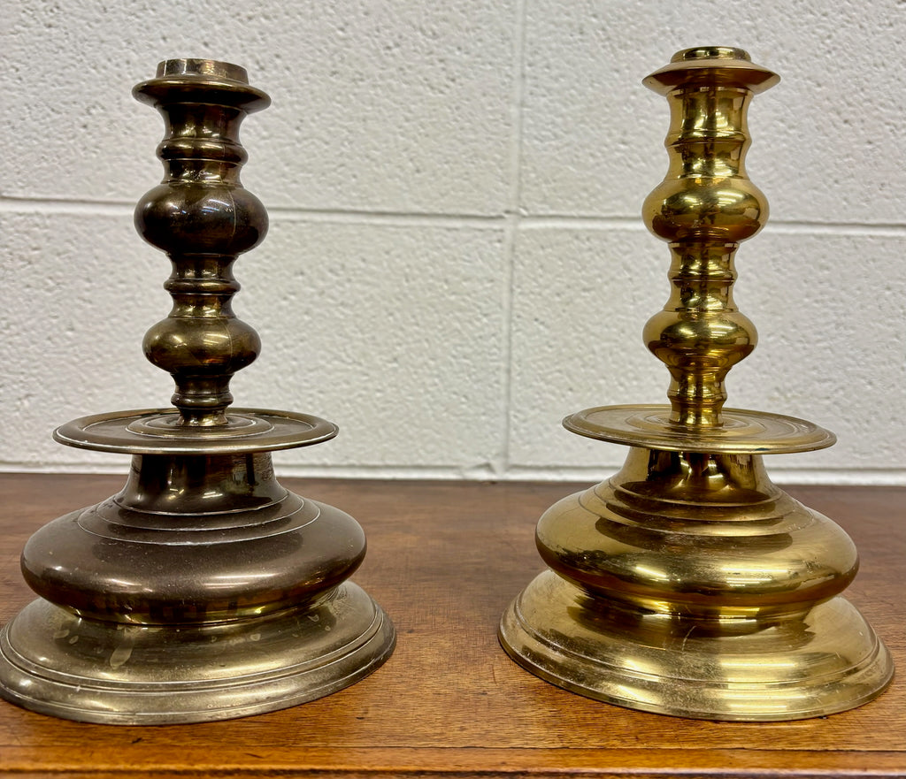 Vintage Solid Brass Candlesticks Candle Holders with Drip Pans - Pair