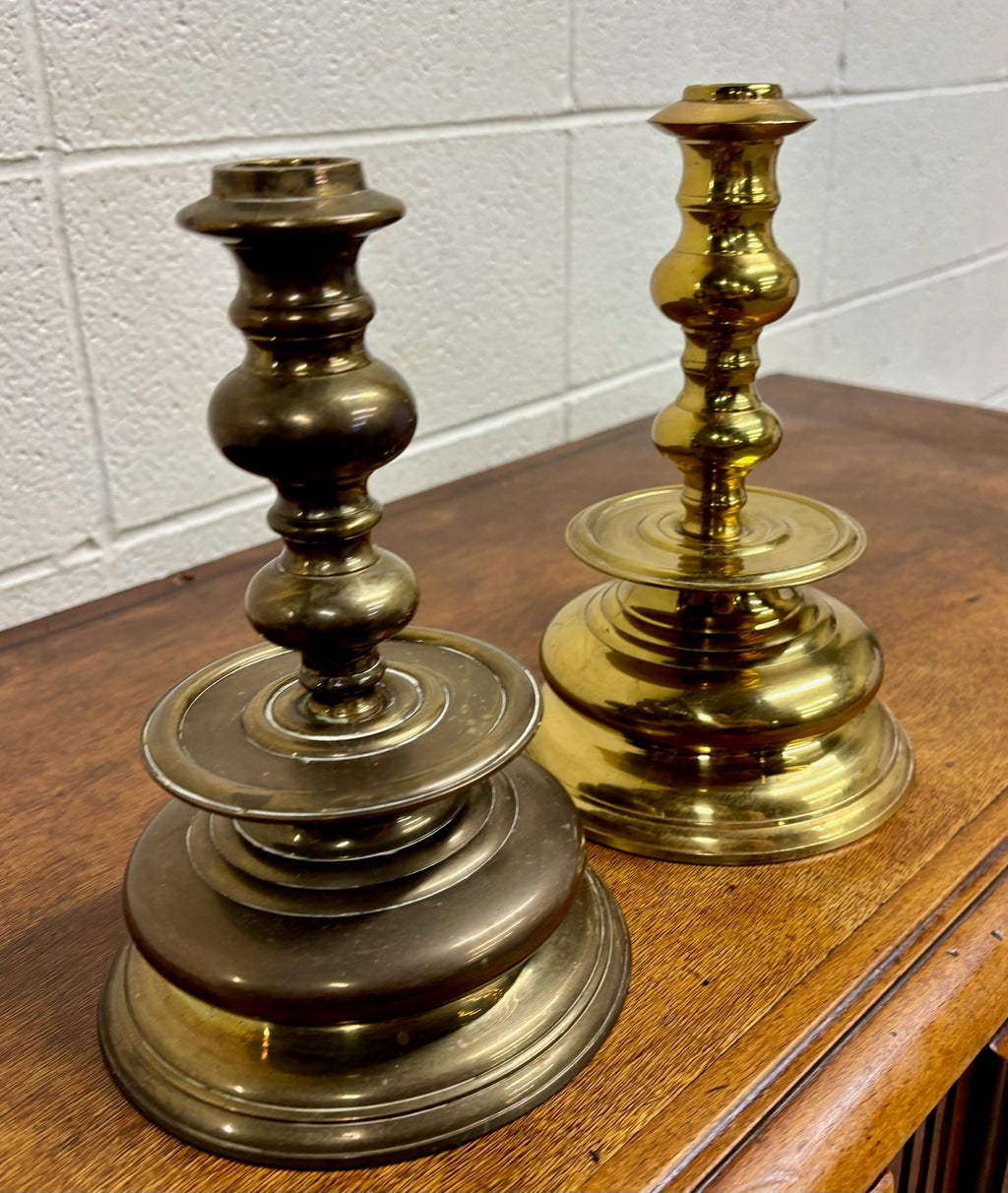 Vintage Solid Brass Candlesticks Candle Holders with Drip Pans - Pair